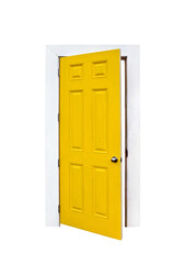 Slightly opened yellow door with white frame isolated cutout on transparent
