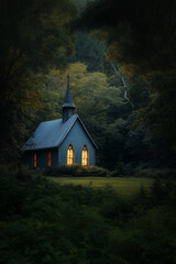 A small historic chapel bathed in soft daylight, nestled in a picturesque setting, exuding charm and timeless beauty