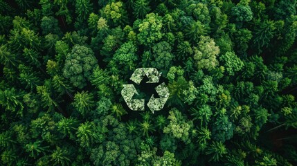 Green forest with recycling symbol showing environmental conservation and sustainability principles in nature Lush greenery creates a vibrant backdrop for eco friendly concepts and ideas