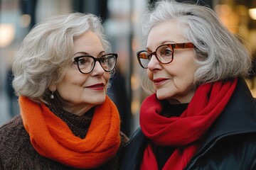 Two senior women wearing glasses and scarves. Illustrates the concept of friendship and aging gracefully.