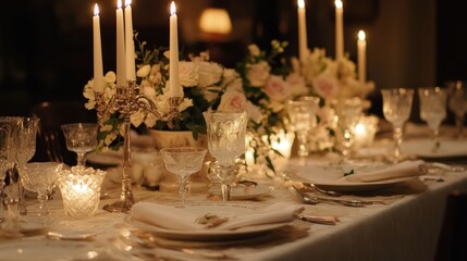 Candlelit dinner table setting with white roses, silverware, and glassware.