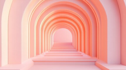 Surreal 3D rendering of an abstract arch tunnel with a pastel peach background showcasing a concept aligned with a notable color trend Dreamlike interior illustration