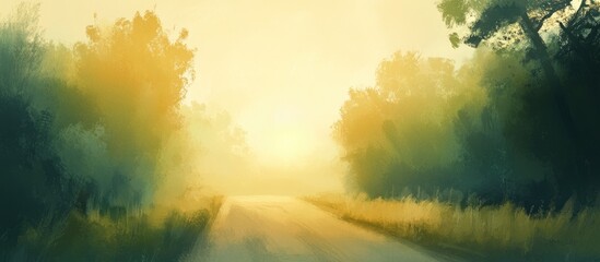 Obraz premium A surreal 2d landscape features a country road illuminated by the soft glow of the rising sun