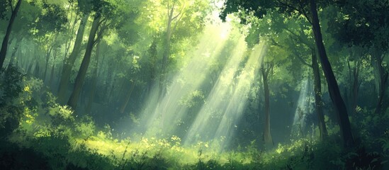 Fototapeta premium Tranquil forest scene featuring sun rays filtering through lush green trees and a serene atmosphere ideal for nature lovers and peaceful retreats