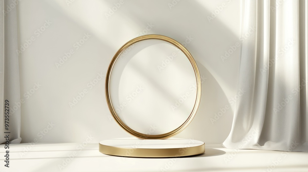 Wall mural Minimalist gold circle frame and pedestal on white background.