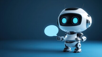 A 3D-rendered chat robot holding a speech bubble, symbolizing AI communication and virtual assistance
