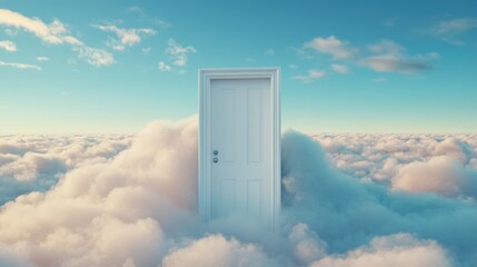 White closed door in the sky above clouds Surreal abstract illustration showcasing imaginative ambient art Contemporary minimalistic design concept 3D rendering