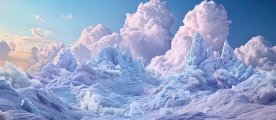 Surreal 3D illustration of a mountainous landscape featuring unique and imaginative elements