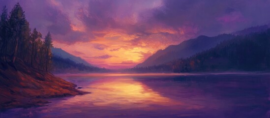 Vibrant dusk scenery featuring a stunning sky and pristine lake with kaolin clay and a brown mountain Digital painting in an impressionist style