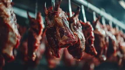 Closeup of red raw meat hanging from hooks in a butchery or processing plant.