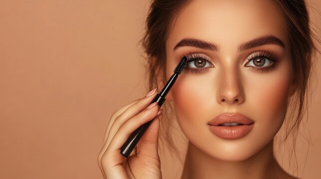 Close-up of a woman applying mascara to her eyelashes.