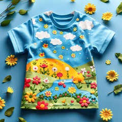 A blue shirt with a field of flowers and a river