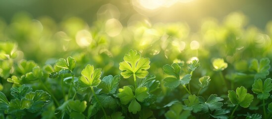 Vibrant green clover leaves illuminated by natural sunlight in a lush verdant meadow