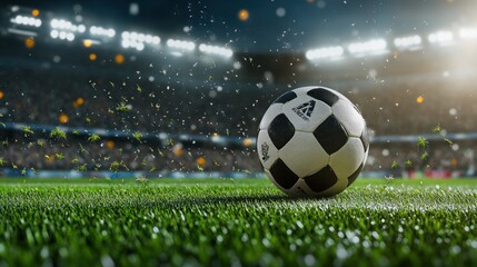 Fototapeta premium A close-up of a soccer ball on a grass field with a stadium backdrop.