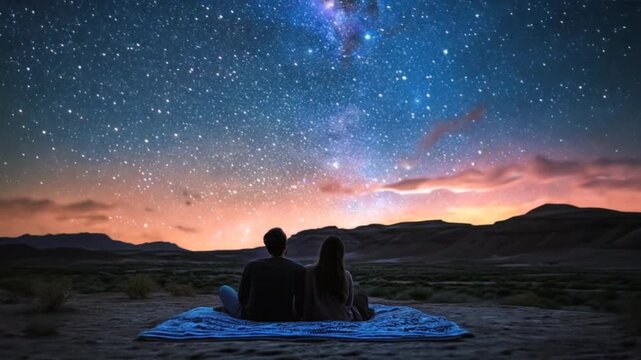 Couple in Love Sitting Relaxing while Looking at the Clear Starry Sky. 4K Time-lapse Virtual Animation Background