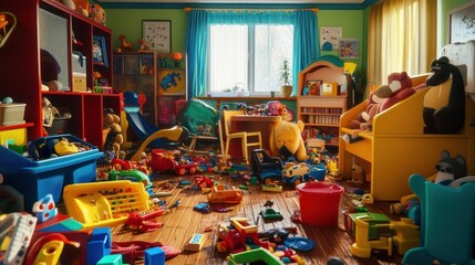 A messy playroom with toys scattered across the floor, with a red bookshelf, a blue slide, and a yellow toy chair.
