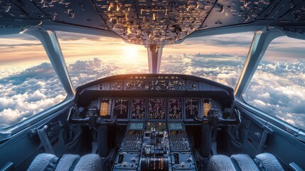Airplane cockpit with a view of the clouds and a sunset over the horizon.