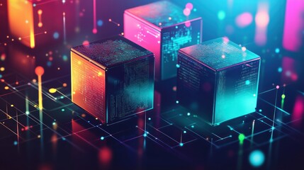 Abstract cubes with neon lights and glowing lines in a network.