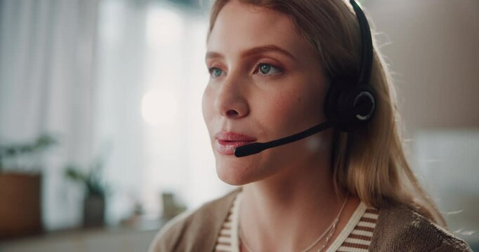 Woman, face and teaching with headset at home as online English teacher on language lesson. Female person, tutor and remote work as employee for elearning course on video call and virtual class