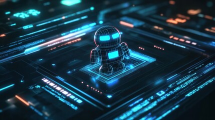 Obraz premium A futuristic chat robot icon glowing on a transparent touchscreen, surrounded by digital codes and symbols