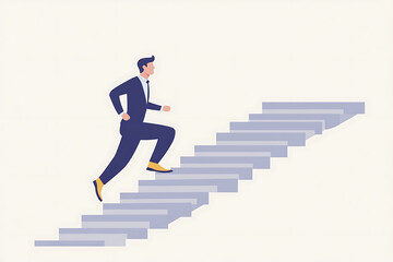 a businessman confidently running up stairs, symbolizing career growth and success. Simple shapes and vibrant colors.flat art style