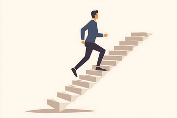 a businessman confidently running up stairs, symbolizing career growth and success. Simple shapes and vibrant colors.flat art style