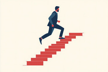 a businessman confidently running up stairs, symbolizing career growth and success. Simple shapes and vibrant colors.flat art style