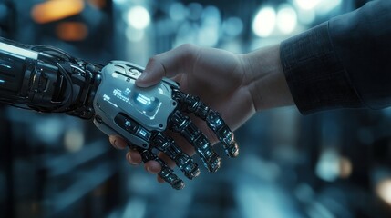 A human hand shaking hands with a virtual chat robot in a futuristic, high-tech environment