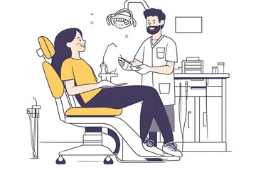 Vector illustration of a girl sitting in a dentist's chair during a dental treatment. Flat art style with simple shapes and colors.
