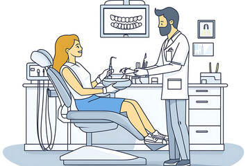 Vector illustration of a girl sitting in a dentist's chair during a dental treatment. Flat art style with simple shapes and colors.
