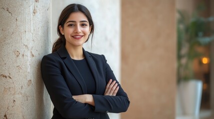 A young woman in a black blazer stands confidently with her arms crossed, smiling at the camera.