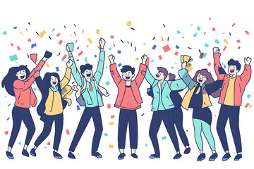 A group of office workers celebrating a successful project with confetti and cheers in a flat art style. The minimalistic design highlights teamwork and achievement