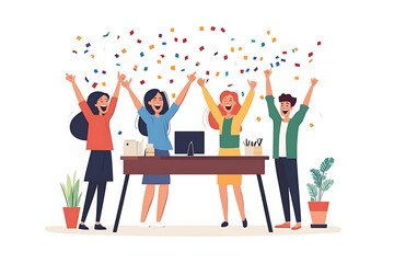 A group of office workers celebrating a successful project with confetti and cheers in a flat art style. The minimalistic design highlights teamwork and achievement