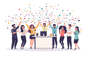 A group of office workers celebrating a successful project with confetti and cheers in a flat art style. The minimalistic design highlights teamwork and achievement