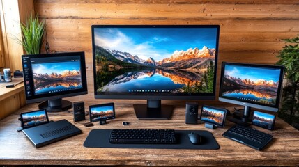 A modern workspace featuring multiple screens and devices on a wooden desk.