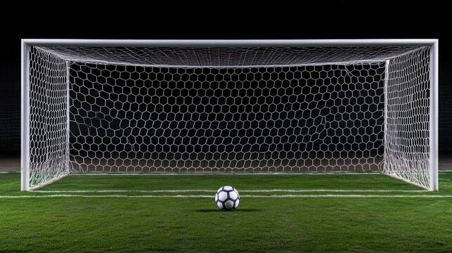 A soccer goal with a ball positioned in front, set on a grassy field.