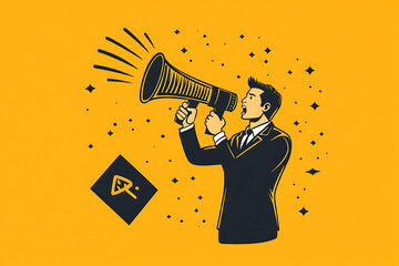 man dressed in a suit shouts into a megaphone, emphasizing communication, leadership, or public announcements. The bold gesture conveys urgency and authority