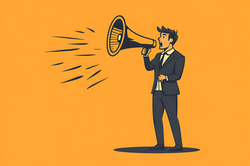 man dressed in a suit shouts into a megaphone, emphasizing communication, leadership, or public announcements. The bold gesture conveys urgency and authority