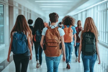 Students walk down a hallway. This image depicts a group of students walking together, showing the daily routine of education.