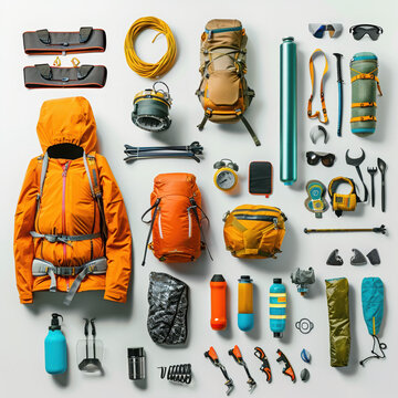 outdoor camping hiking equipment gear travel backpack jacket tools survival accessories adventure preparation organization kit water bottle climbing 