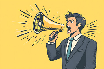 man dressed in a suit shouts into a megaphone, emphasizing communication, leadership, or public announcements. The bold gesture conveys urgency and authority