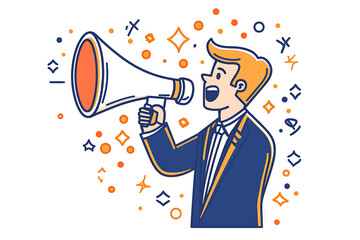 man dressed in a suit shouts into a megaphone, emphasizing communication, leadership, or public announcements. The bold gesture conveys urgency and authority
