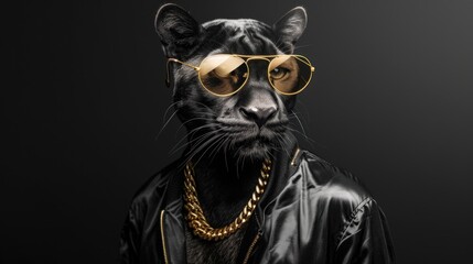 A black panther in sunglasses and a gold chain, dressed in a black jacket, looks intensely into the camera.