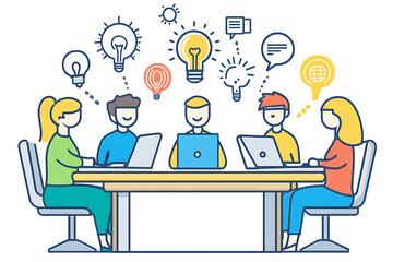 A group of people gathered around a table, engaged in a discussion about innovative ideas, with a laptop at the center. The scene highlights teamwork, collaboration, and creativity and ideas