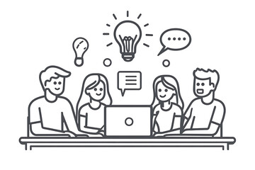 A group of people gathered around a table, engaged in a discussion about innovative ideas, with a laptop at the center. The scene highlights teamwork, collaboration, and creativity and ideas