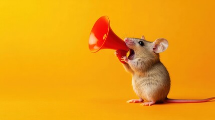 A cute mouse with a red megaphone, shouting on a yellow background.