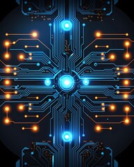 Futuristic Glowing Circuit Board Wallpaper with Neon Blue and Orange Lights, High-Tech Digital Design Background, Abstract Technology Network Pattern, Modern Data Communication Concept (19)