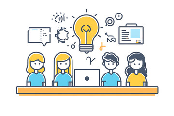 A group of people gathered around a table, engaged in a discussion about innovative ideas, with a laptop at the center. The scene highlights teamwork, collaboration, and creativity and ideas
