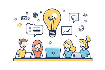 A group of people gathered around a table, engaged in a discussion about innovative ideas, with a laptop at the center. The scene highlights teamwork, collaboration, and creativity and ideas