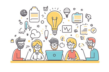 A group of people gathered around a table, engaged in a discussion about innovative ideas, with a laptop at the center. The scene highlights teamwork, collaboration, and creativity and ideas